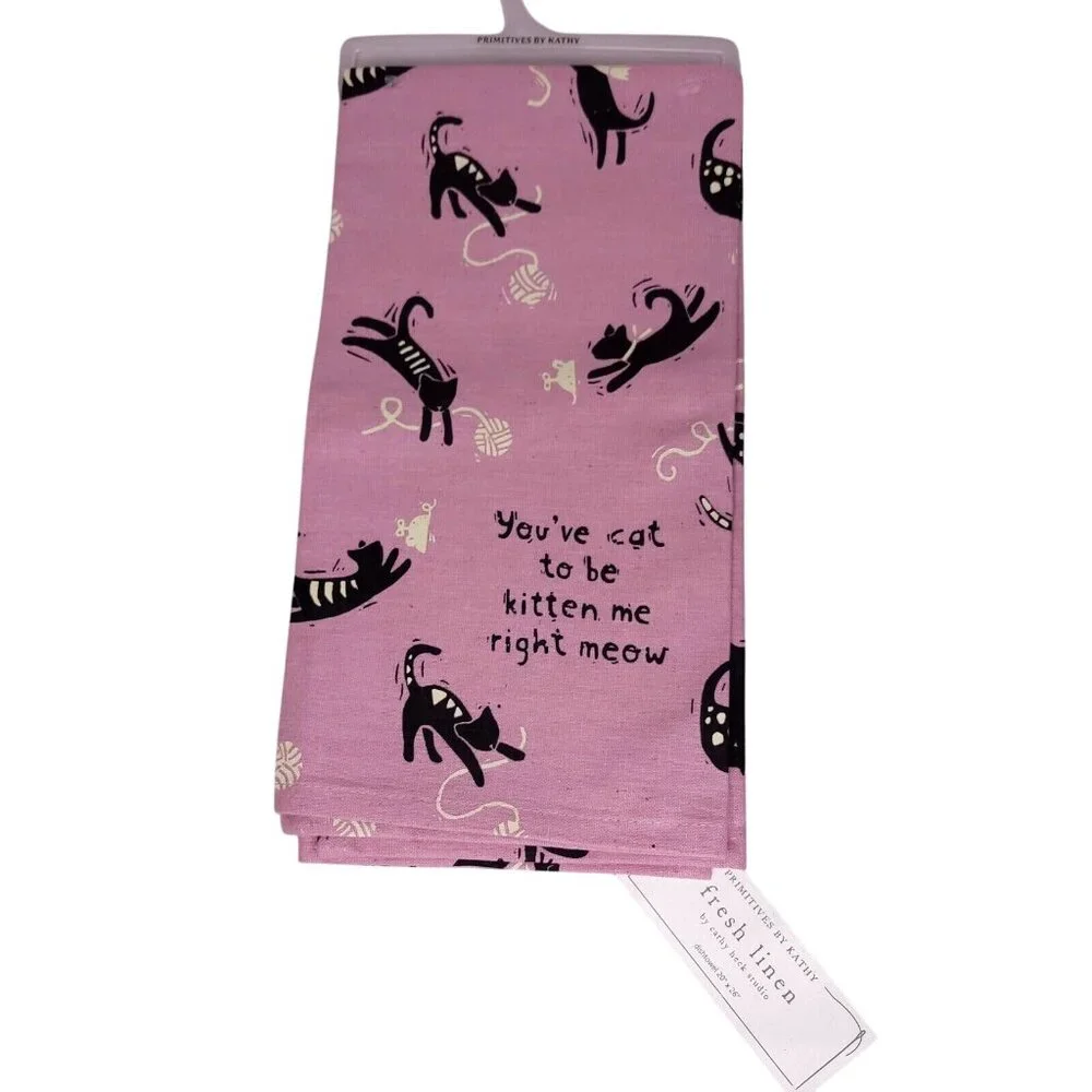 Set Of 2 Cat Themed Dish Towels 100% Cotton & Cotton/Linen Blend Gift